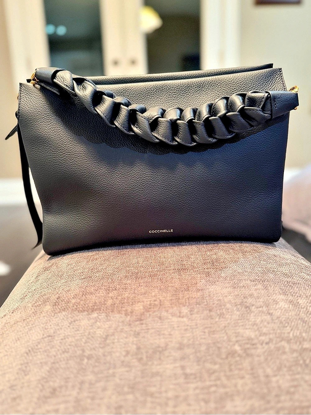 Coccinelle Braided-Handle Real Italian Leather Shoulder Bag Black